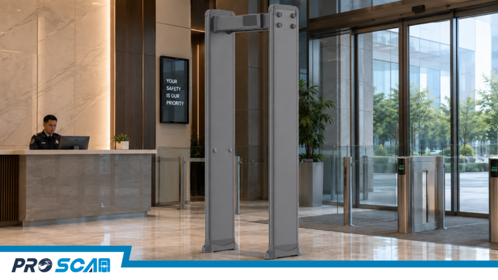 ProScan 330CD walk-through metal detector featuring a 7-inch LCD touch screen and double transmitter technology for high-traffic mall security