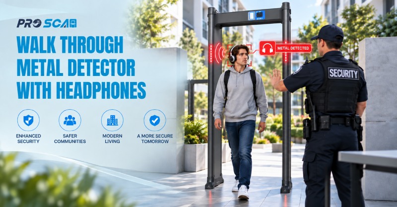 walking through metal detector with headphones